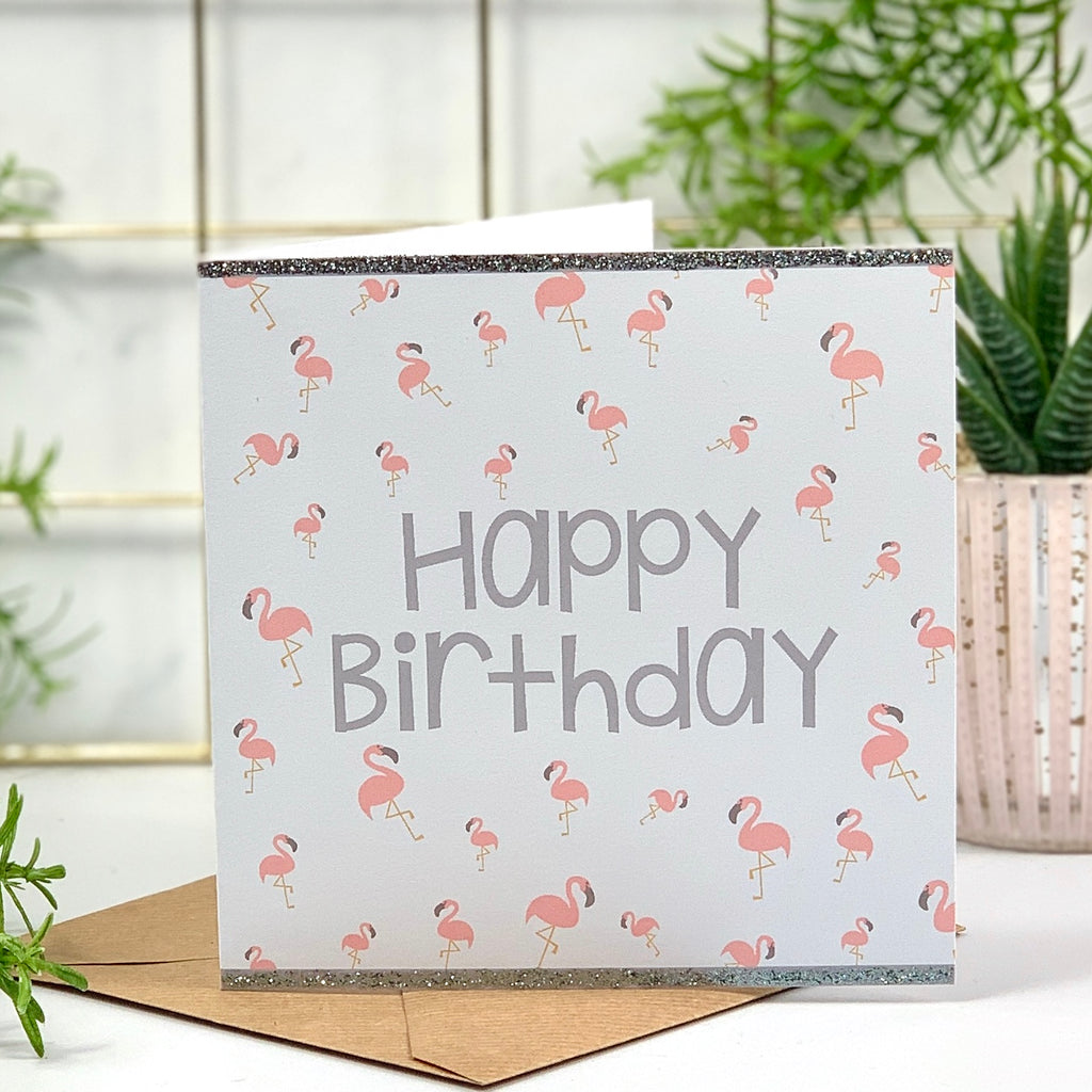 Grey Glitter Flamingo Birthday Card