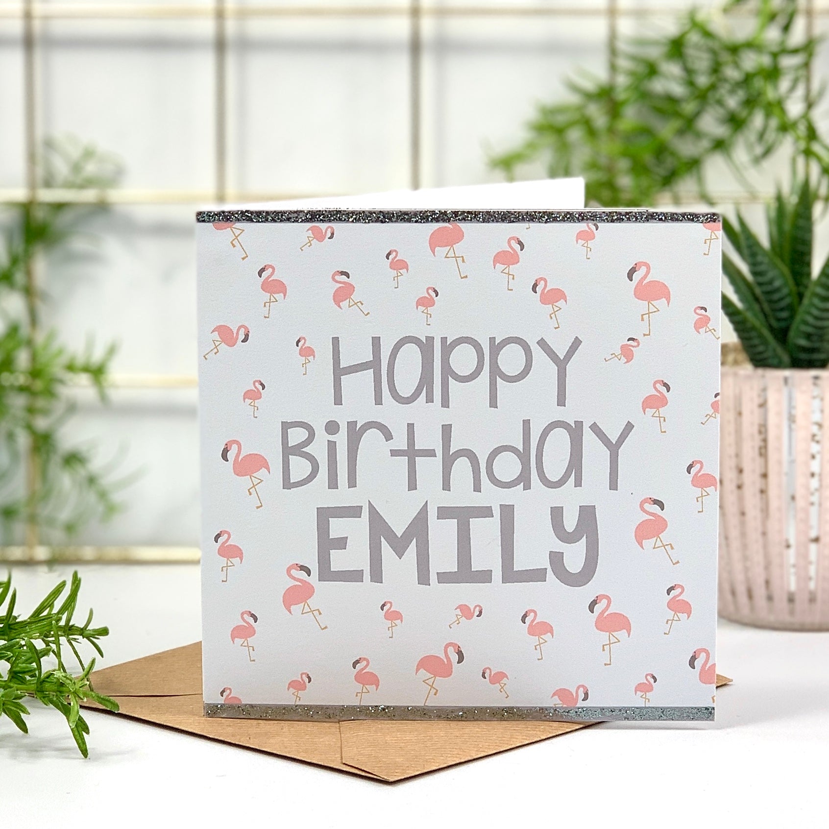 Grey Glitter Flamingo Birthday Card