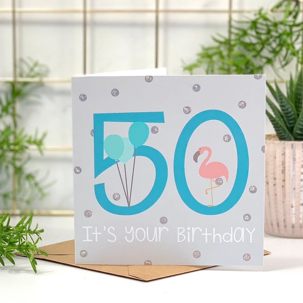 50th Flamingo Blue Birthday Card