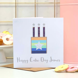 Glittery Blue Happy Birthday Cake Card with Candles