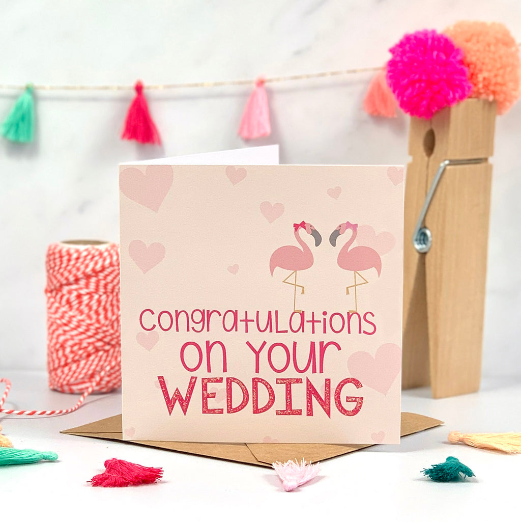 Coral and Pink Mrs and Mrs Flamingo Wedding Card