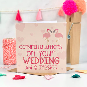 Coral and Pink Mrs and Mrs Flamingo Wedding Card