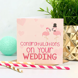 Coral and Pink Mr and Mrs Flamingo Wedding Card
