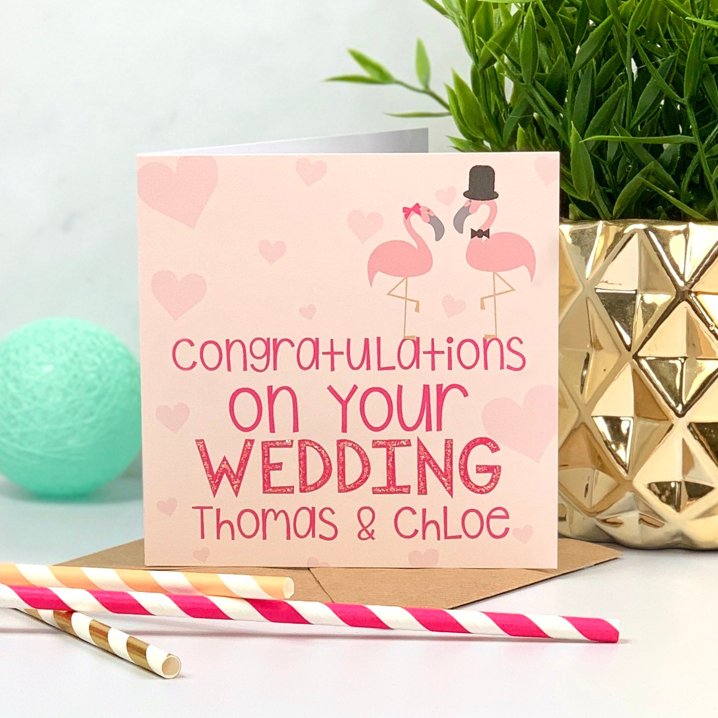 Coral and Pink Mr and Mrs Flamingo Wedding Card