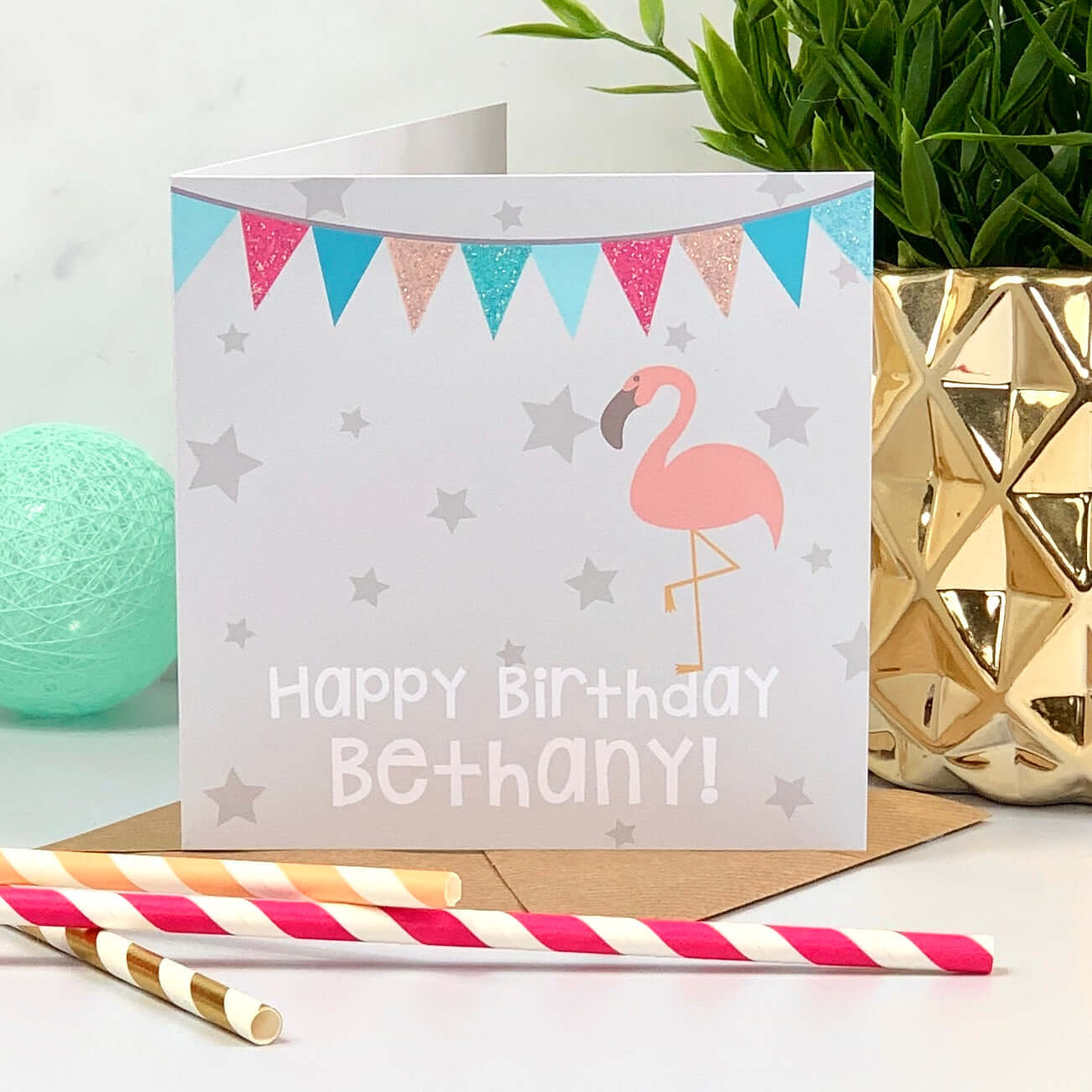 Bunting Glitter Flamingo Birthday Card