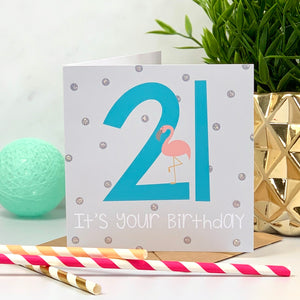 21st Flamingo Blue Birthday Card