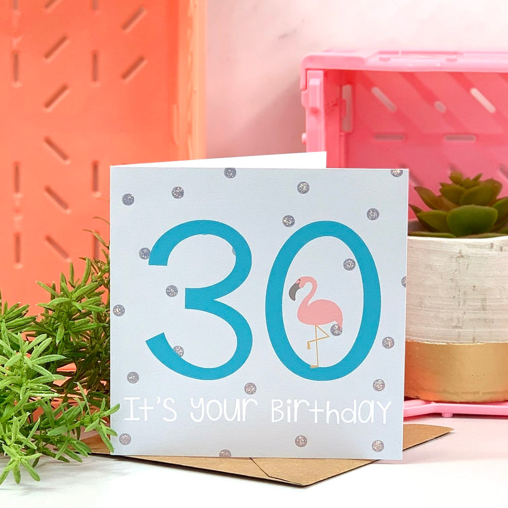 30th Flamingo Blue Birthday Card