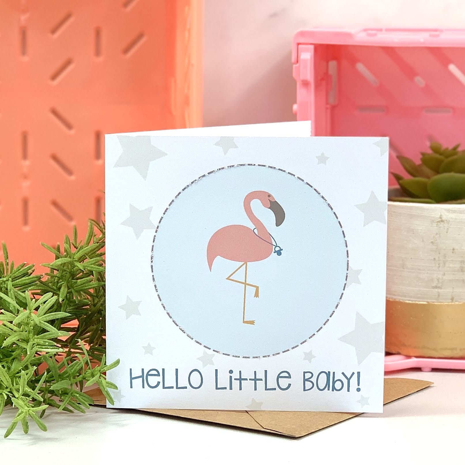 Blue New Baby Flamingo Card