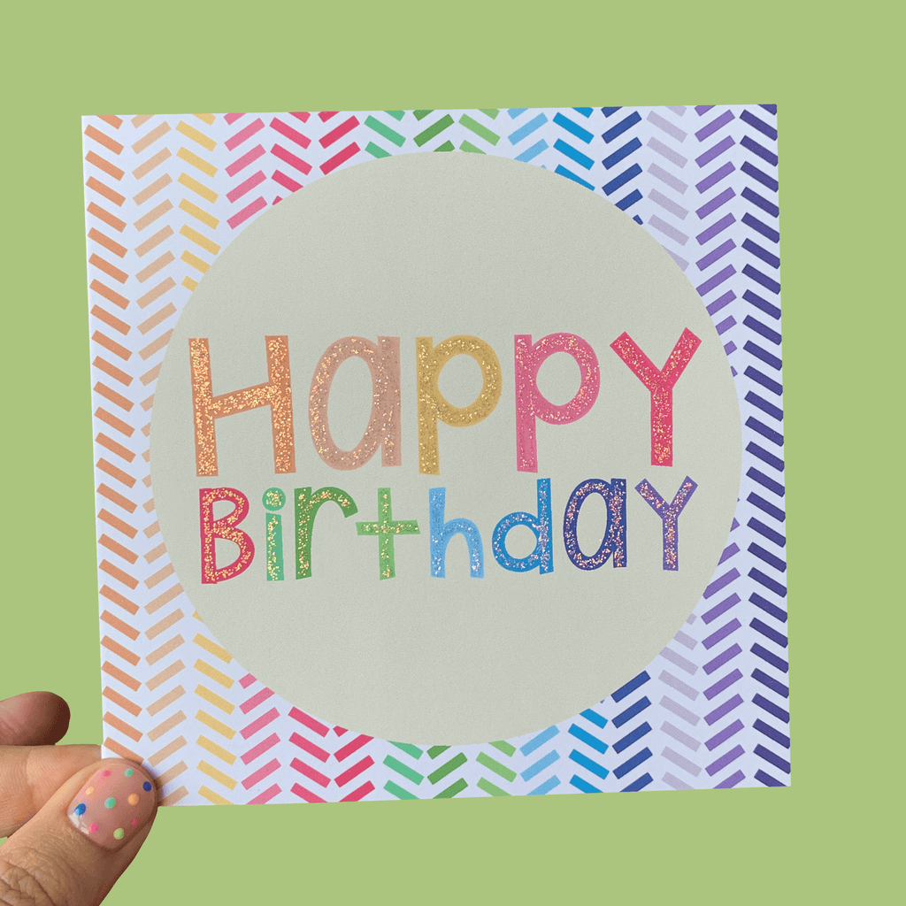 Colourful Rainbow Chevron Birthday Card with Glittered 'Happy Birthday'